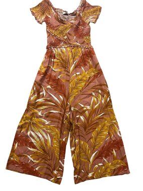 Patrons of Peace Jumpsuit XS Brown Flare Hem Floral Tropical Boho-Chic Tiki